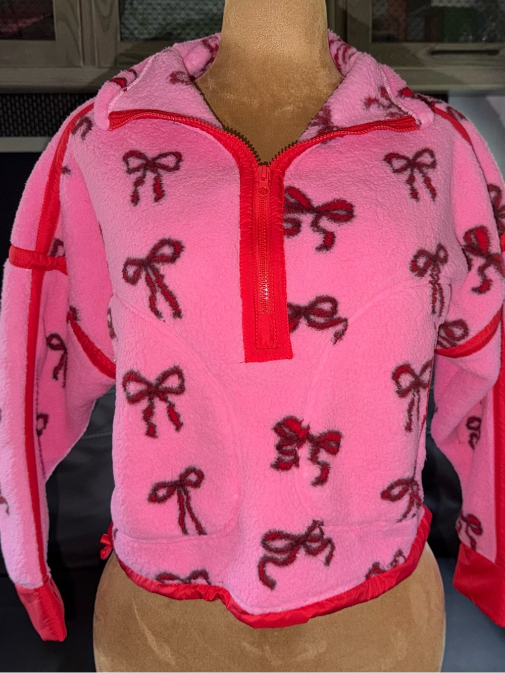 Simply Southern Pink Bow-Print Half-Zip Cowl Neck Sweater